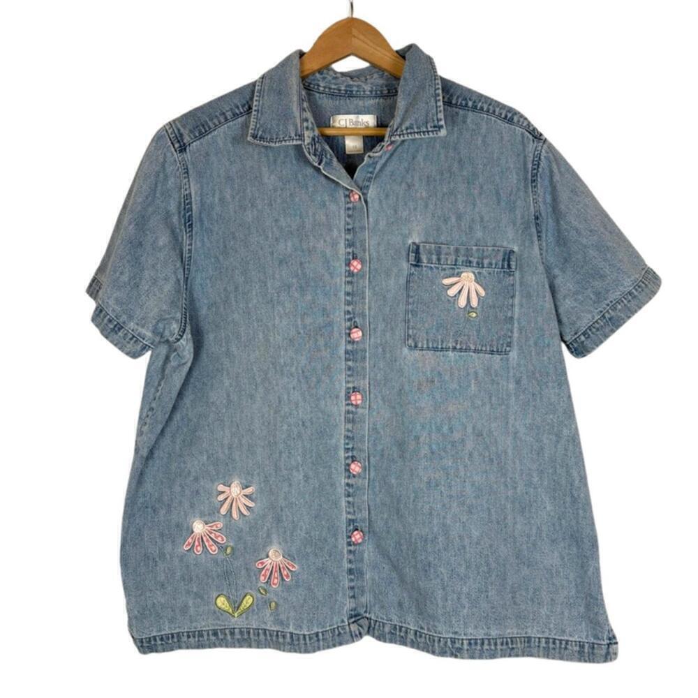 CJ Banks Denim Collared Button Down Embroidered Floral 90's Vintage Shirt ( 1x)
